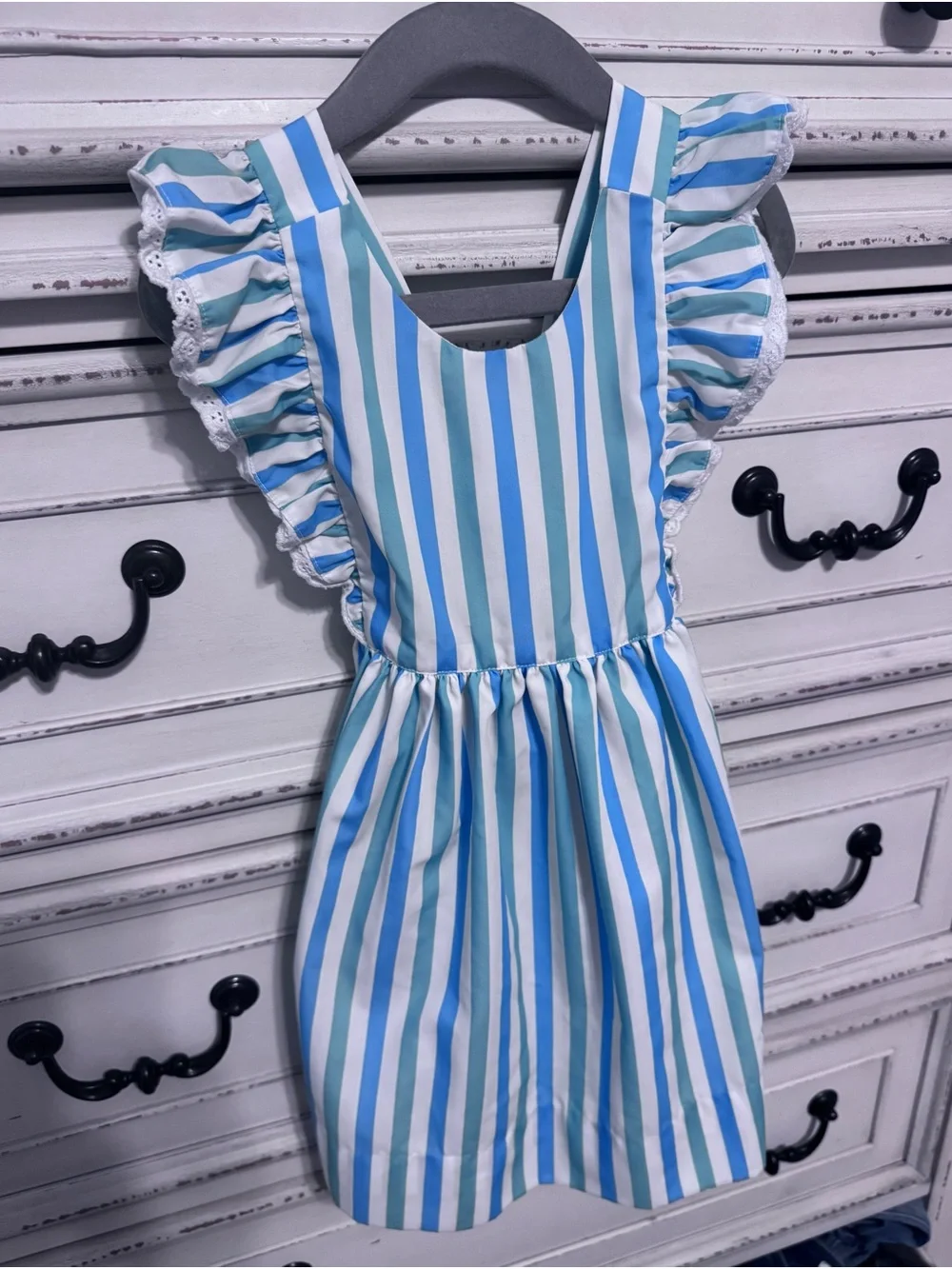 Girls Blue & White Striped Ruffle Sleeve Dress